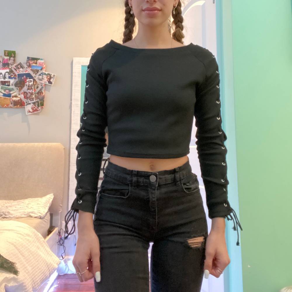Black Lace Up Sleeve Top